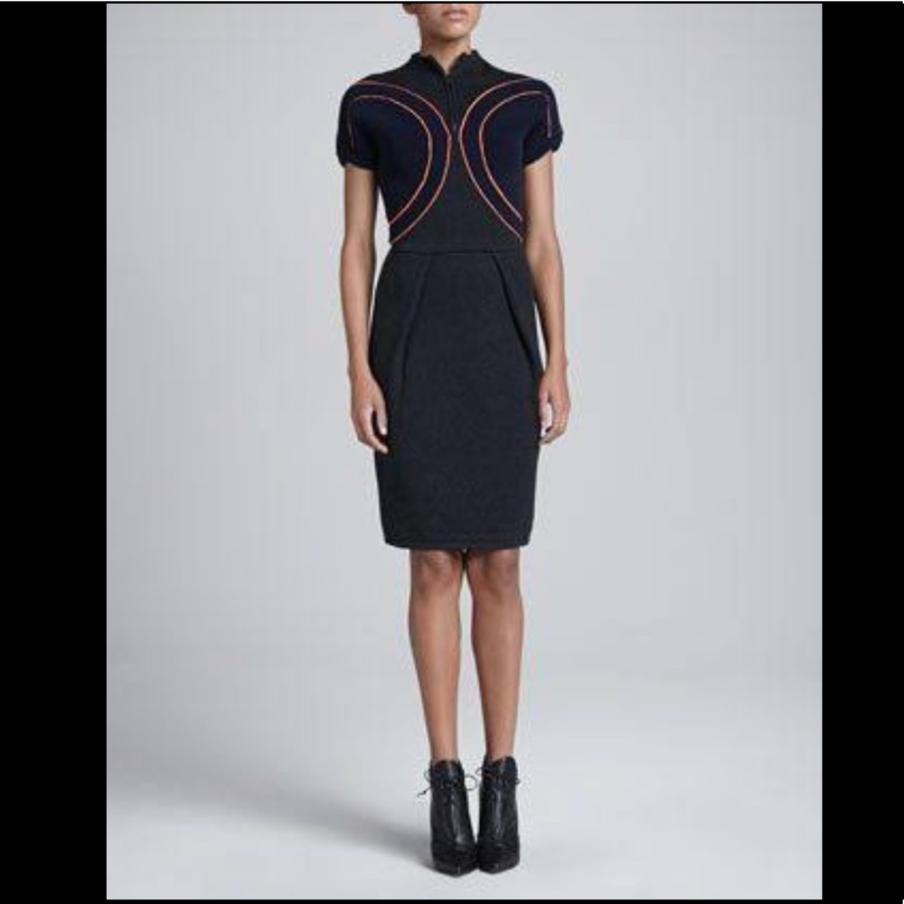 FENDI Wool Sheath Midi Printed Dress Orange Stripe
